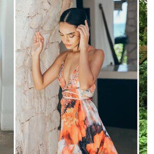 Sukiso Orange V-Neck Boho Strappy Distressed Halter Tie Floral Maxi Dress Medium